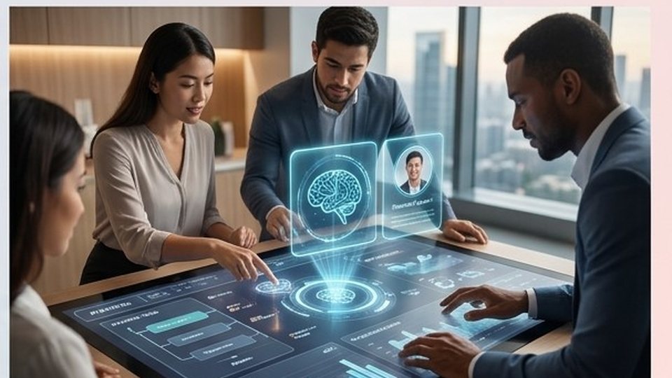 Tim bisnis memantau dashboard dan pipeline Digital Office di meja interaktif