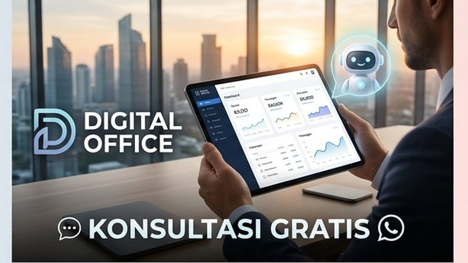 Pemilik bisnis memantau dashboard Digital Office lewat tablet dengan asisten AI